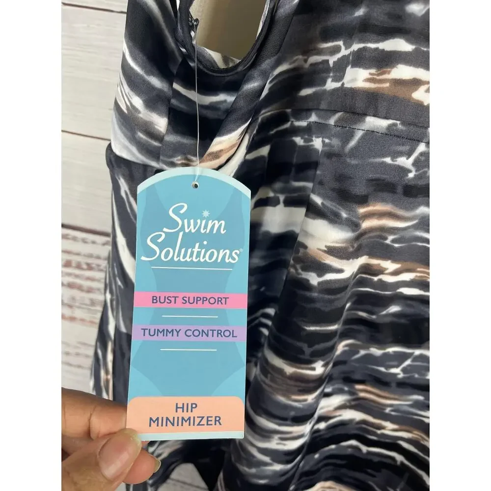 Swim Solutions Size 22W Triple Tier Coastal Plates Black Tummy Control One-Piece - Picture 8 of 12